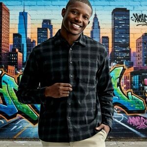 Apt. 9 Charcoal Stretch Flannel Plaid Button Up Long Sleeved Shirt Size Large